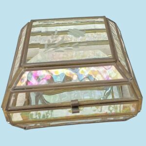 Vintage Iridescent Glass Brass Jewelry Box  Hinged Mirror Etched Floral
